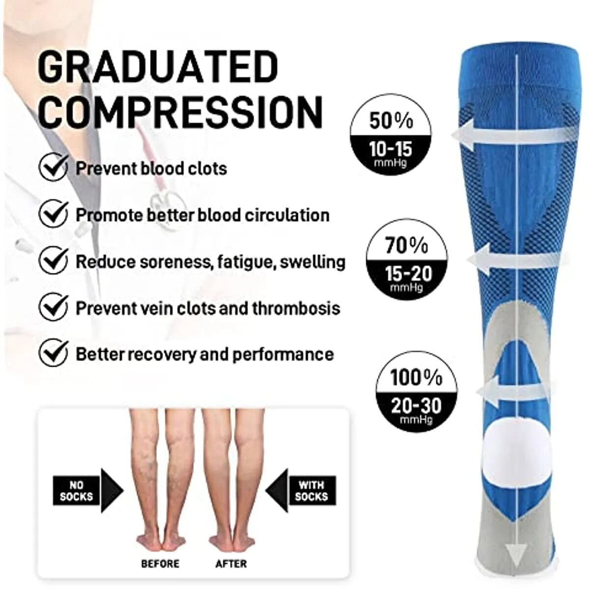 Running Compression Socks Stockings 20-30 Mmhg Men Women Sports Socks for Nursing Rugby Marathon Cycling Football Varicose Veins